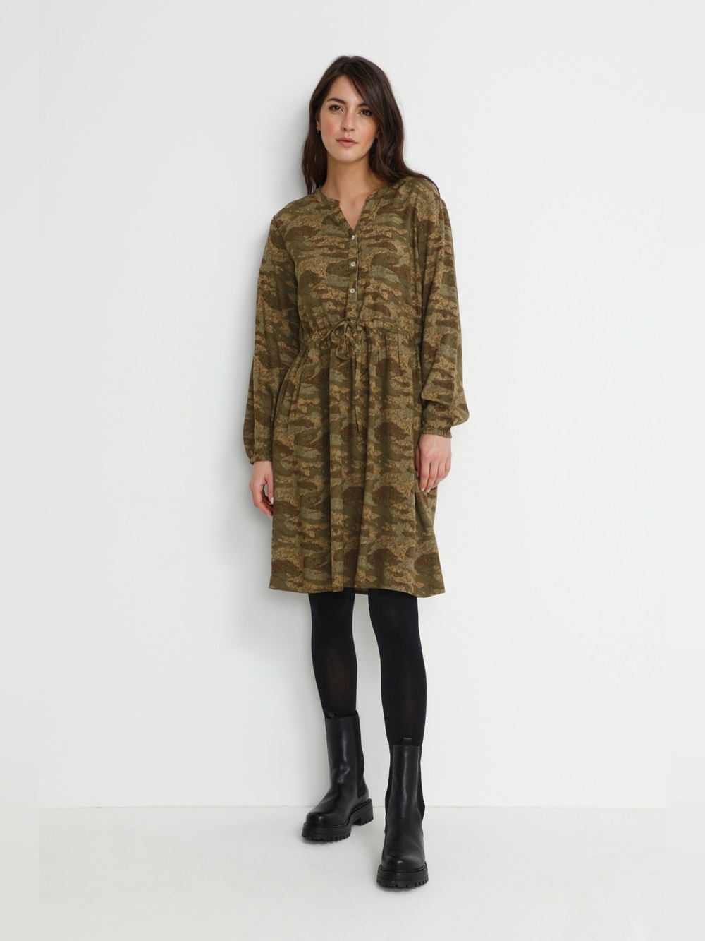 Cream Olive Camo-Print Tunic Dress